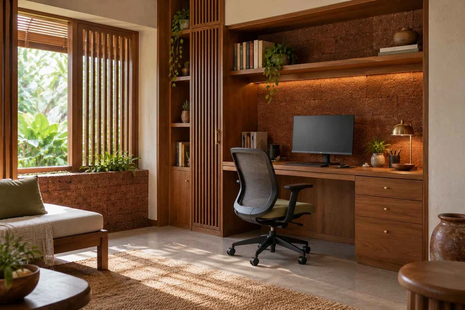 AI-generated home office concept: bookshelf desk bay, malabar timber direction