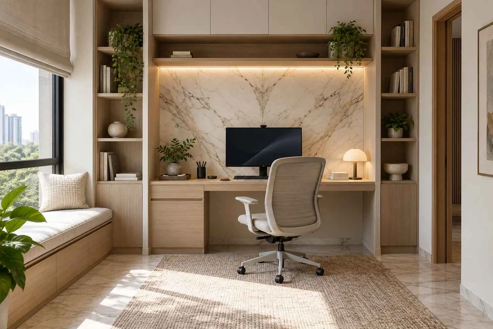 AI-generated home office concept: bookshelf desk bay, marble restraint direction