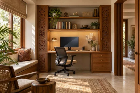 AI-generated home office concept: bookshelf desk bay, modern carved direction