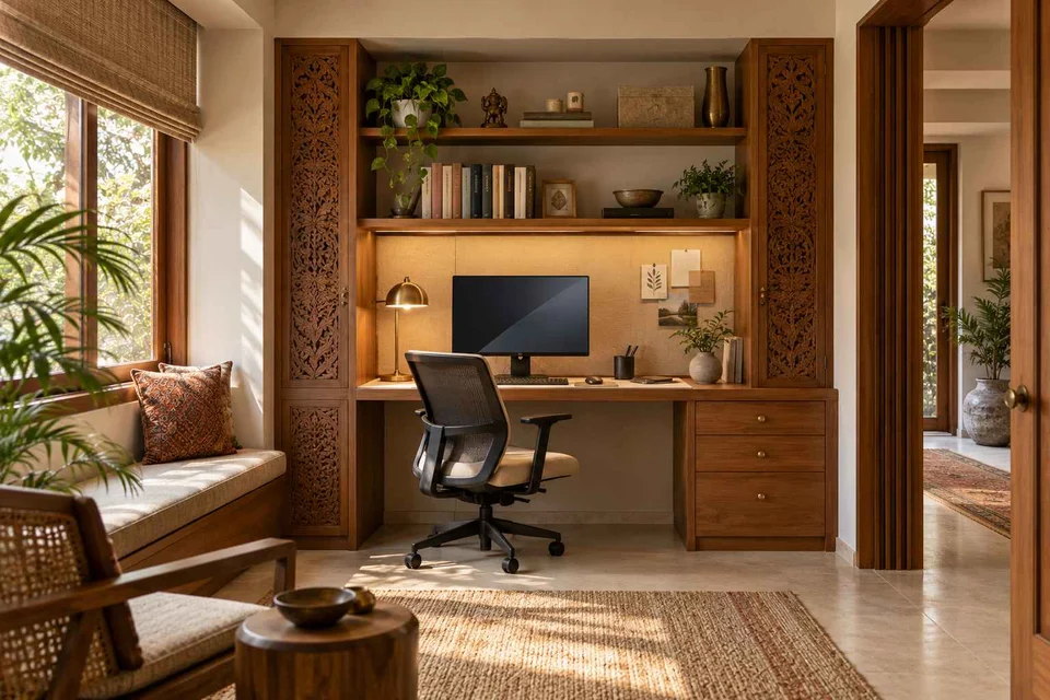 AI-generated home office concept: bookshelf desk bay, modern carved direction