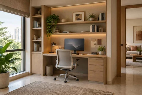 AI-generated home office concept: bookshelf desk bay, quiet contemporary direction