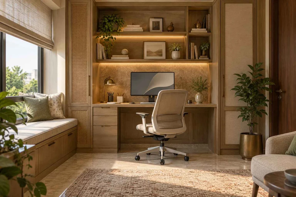 AI-generated home office concept: bookshelf desk bay, quiet transitional direction