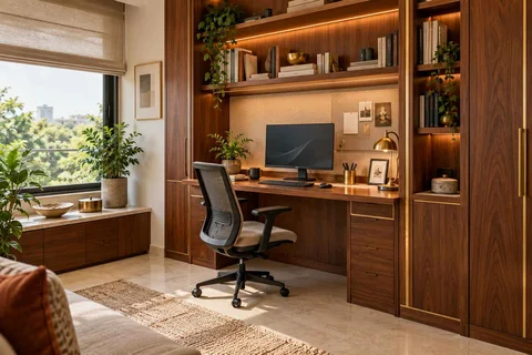 AI-generated home office concept: bookshelf desk bay, rosewood brass direction
