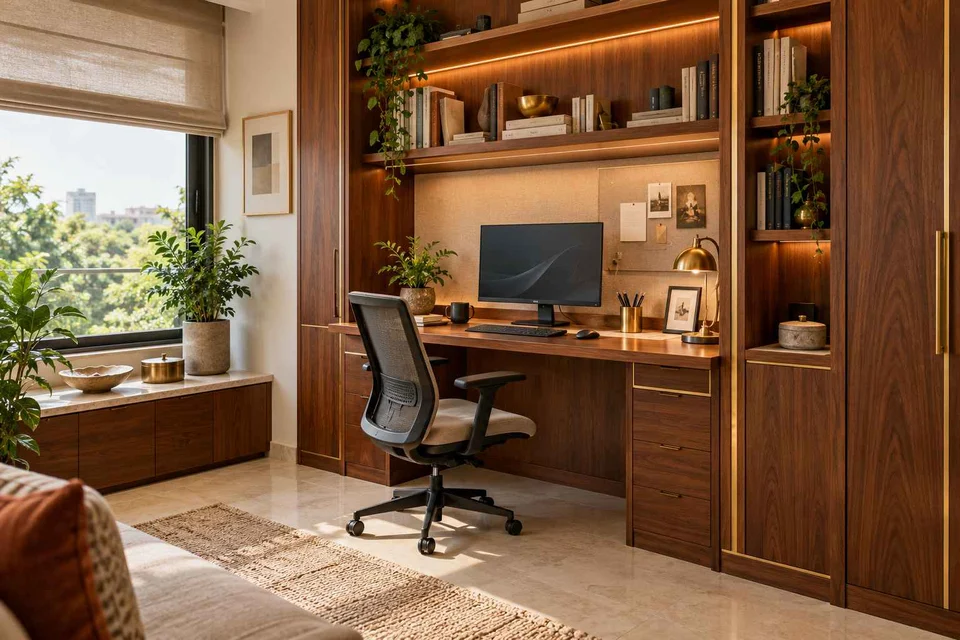 AI-generated home office concept: bookshelf desk bay, rosewood brass direction