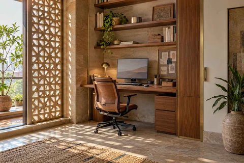 AI-generated home office concept: bookshelf desk bay, sandstone lattice direction