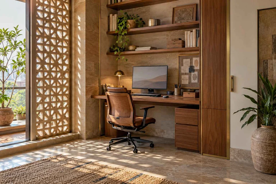 AI-generated home office concept: bookshelf desk bay, sandstone lattice direction