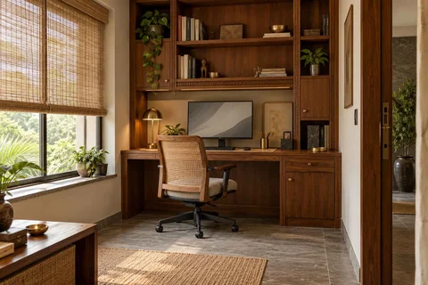 AI-generated home office concept: bookshelf desk bay, teak craft direction