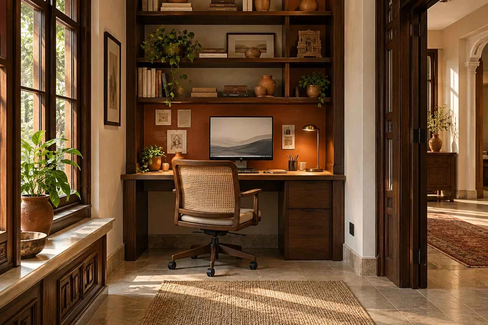 AI-generated home office concept: bookshelf desk bay, terracotta heritage direction