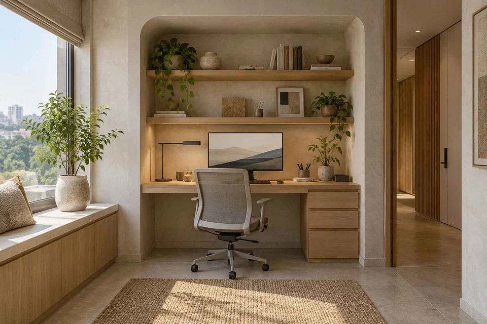 AI-generated home office concept: bookshelf desk bay, textured mineral direction