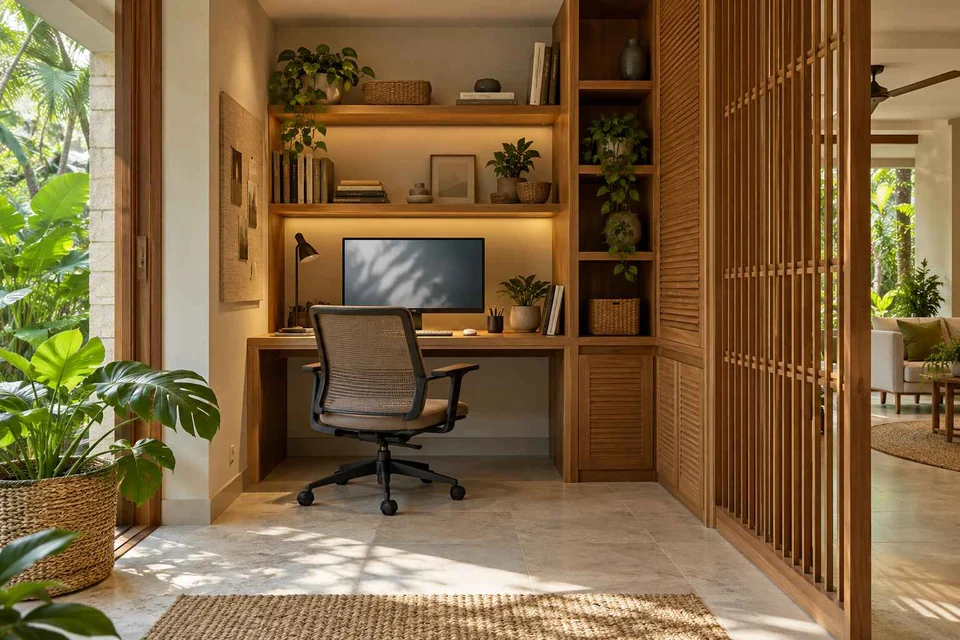 AI-generated home office concept: bookshelf desk bay, tropical slatted direction