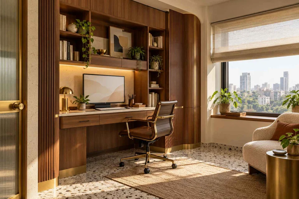 AI-generated home office concept: bookshelf desk bay, urban deco direction