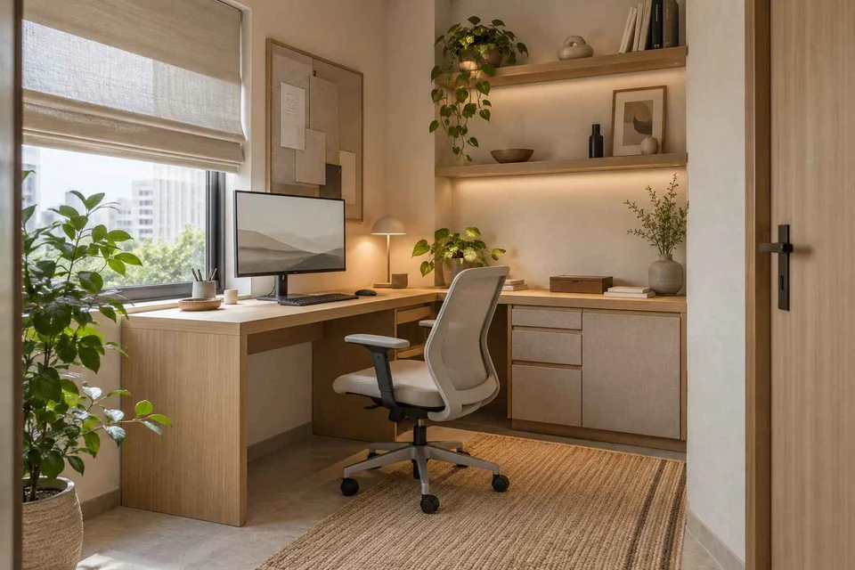 AI-generated home office concept: corner l workstation, ash and linen direction