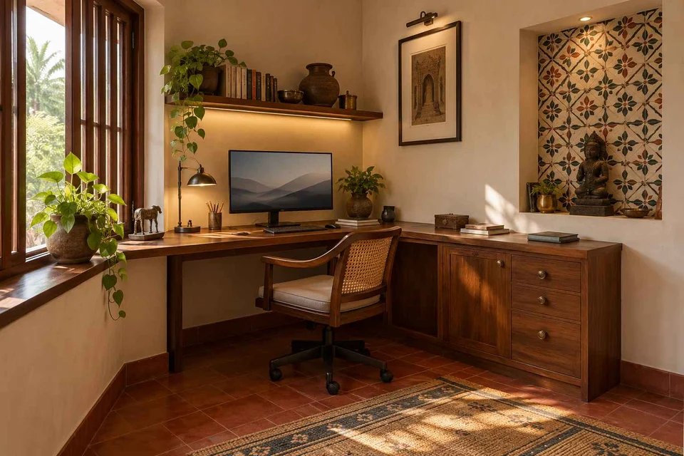AI-generated home office concept: corner l workstation, chettinad tile direction