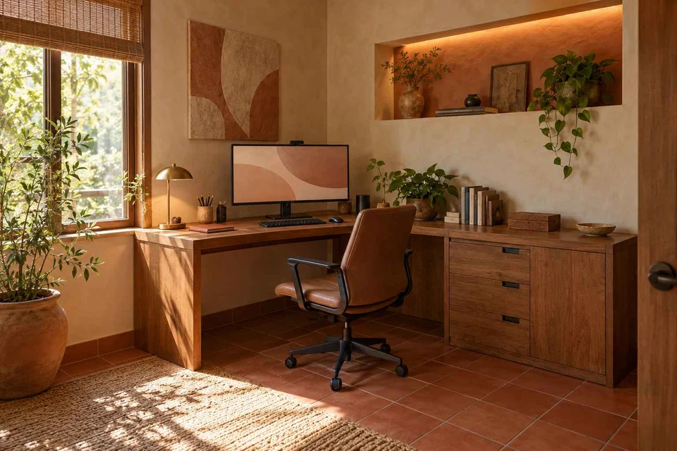 AI-generated home office concept: corner l workstation, clay artisan direction