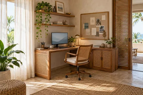 AI-generated home office concept: corner l workstation, coastal woven direction