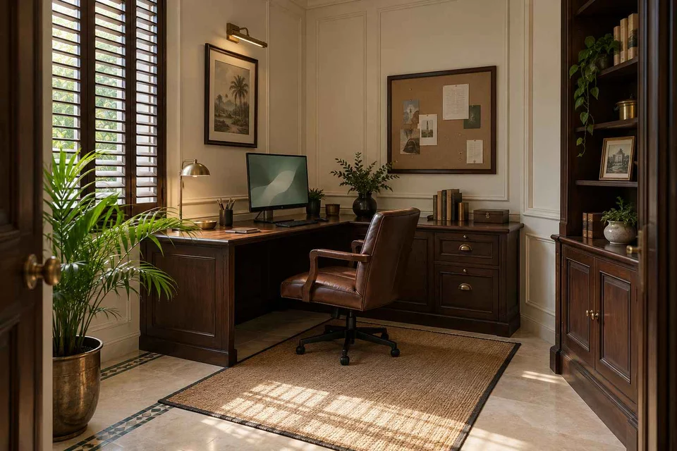 AI-generated home office concept: corner l workstation, colonial quiet direction