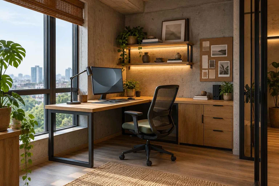 AI-generated home office concept: corner l workstation, concrete and oak direction