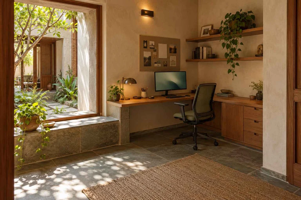 AI-generated home office concept: corner l workstation, courtyard modern direction