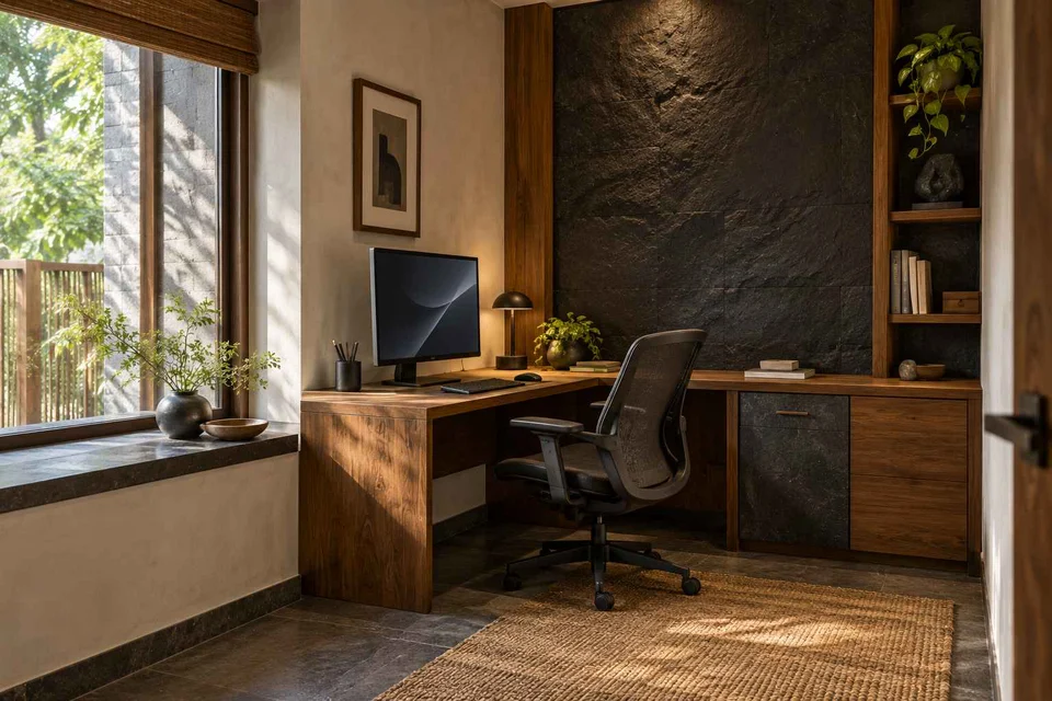 AI-generated home office concept: corner l workstation, deccan stone direction