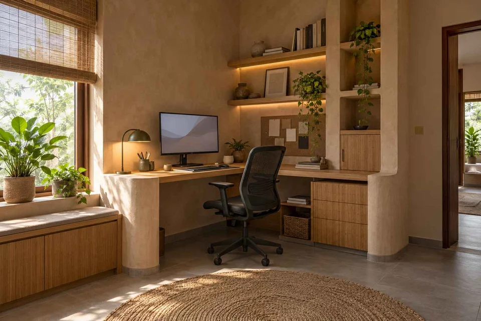 AI-generated home office concept: corner l workstation, earth and bamboo direction