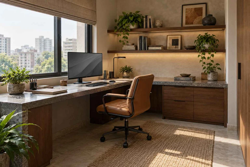 AI-generated home office concept: corner l workstation, granite precision direction