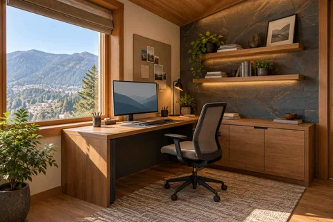 AI-generated home office concept: corner l workstation, hill timber direction