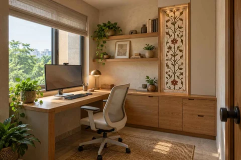 AI-generated home office concept: corner l workstation, inlay atelier direction