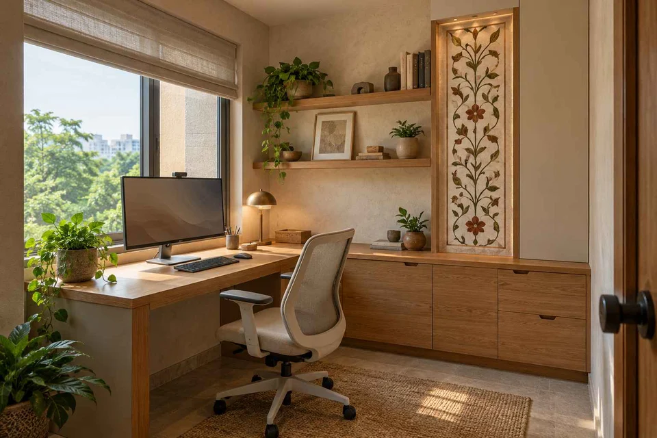 AI-generated home office concept: corner l workstation, inlay atelier direction