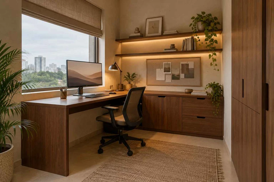 AI-generated home office concept: corner l workstation, lime and walnut direction