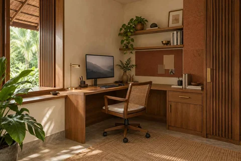 AI-generated home office concept: corner l workstation, malabar timber direction