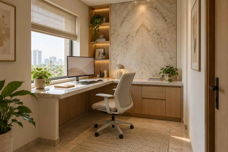 AI-generated home office concept: corner l workstation, marble restraint direction