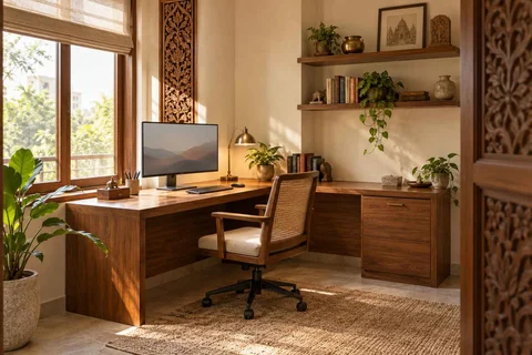 AI-generated home office concept: corner l workstation, modern carved direction