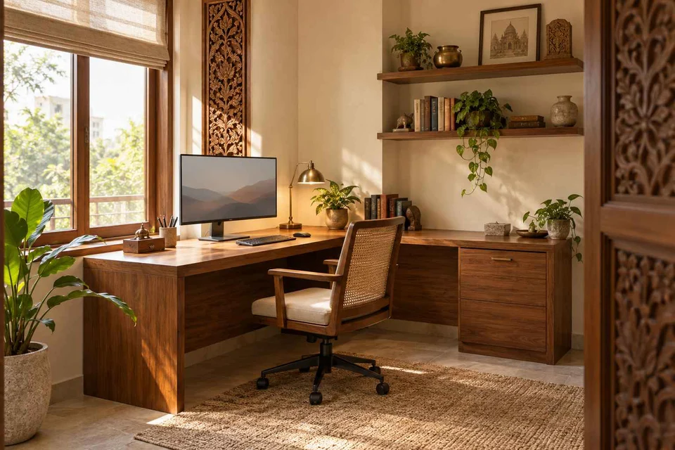 AI-generated home office concept: corner l workstation, modern carved direction