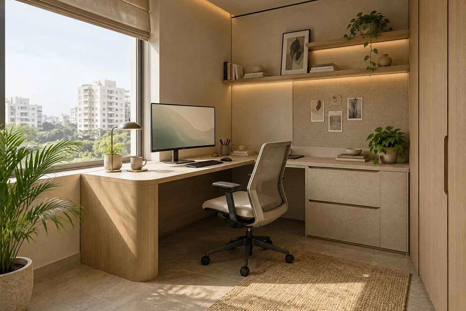AI-generated home office concept: corner l workstation, quiet contemporary direction