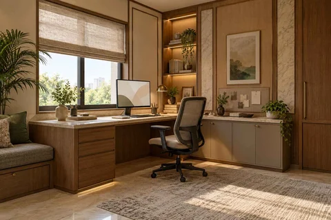 AI-generated home office concept: corner l workstation, quiet transitional direction
