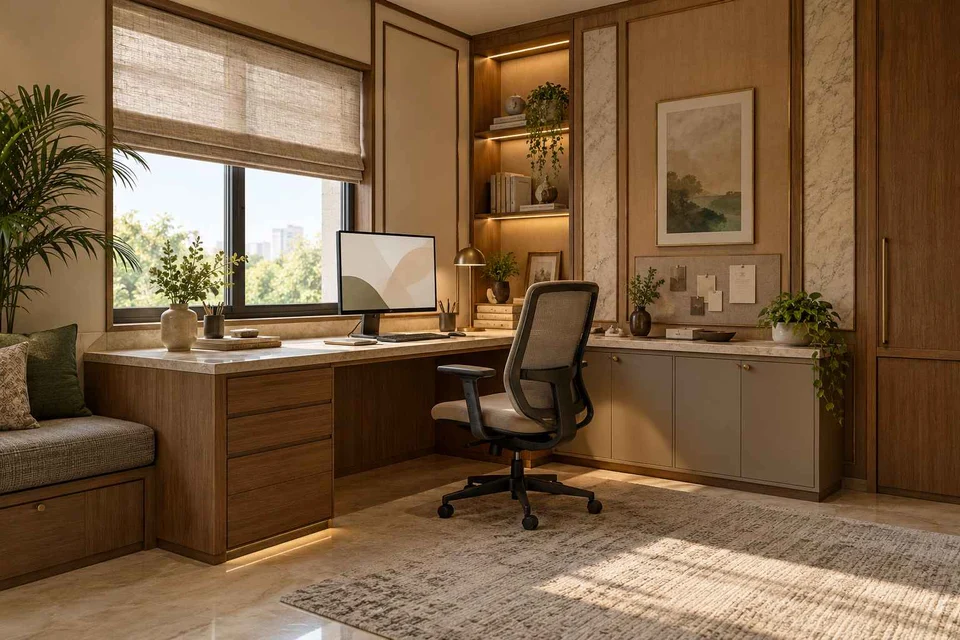 AI-generated home office concept: corner l workstation, quiet transitional direction