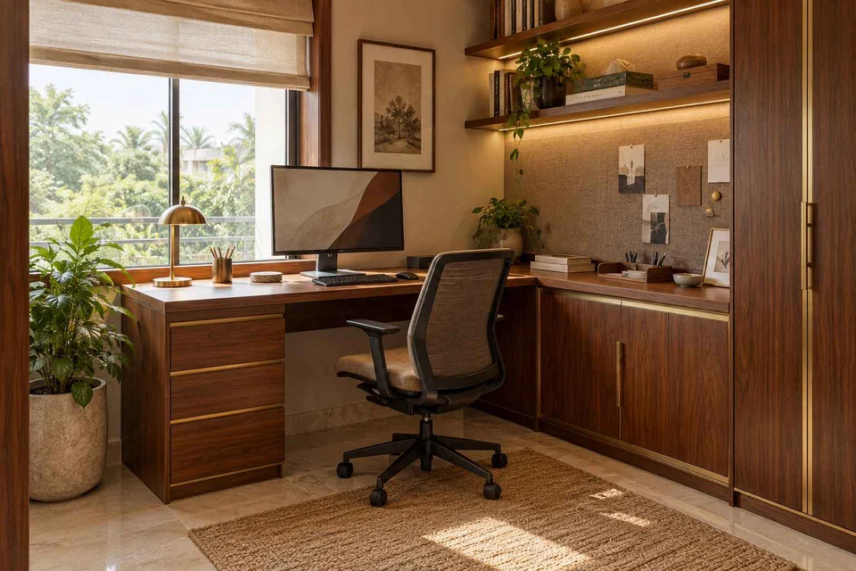 AI-generated home office concept: corner l workstation, rosewood brass direction