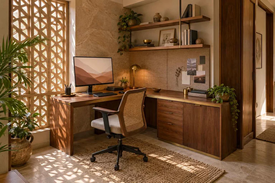 AI-generated home office concept: corner l workstation, sandstone lattice direction