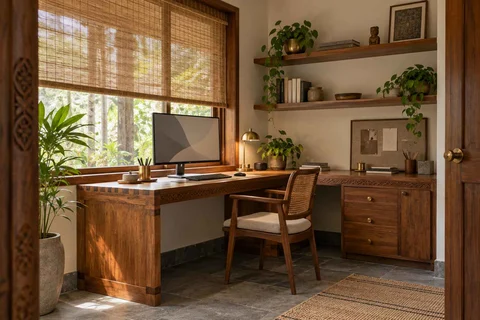 AI-generated home office concept: corner l workstation, teak craft direction