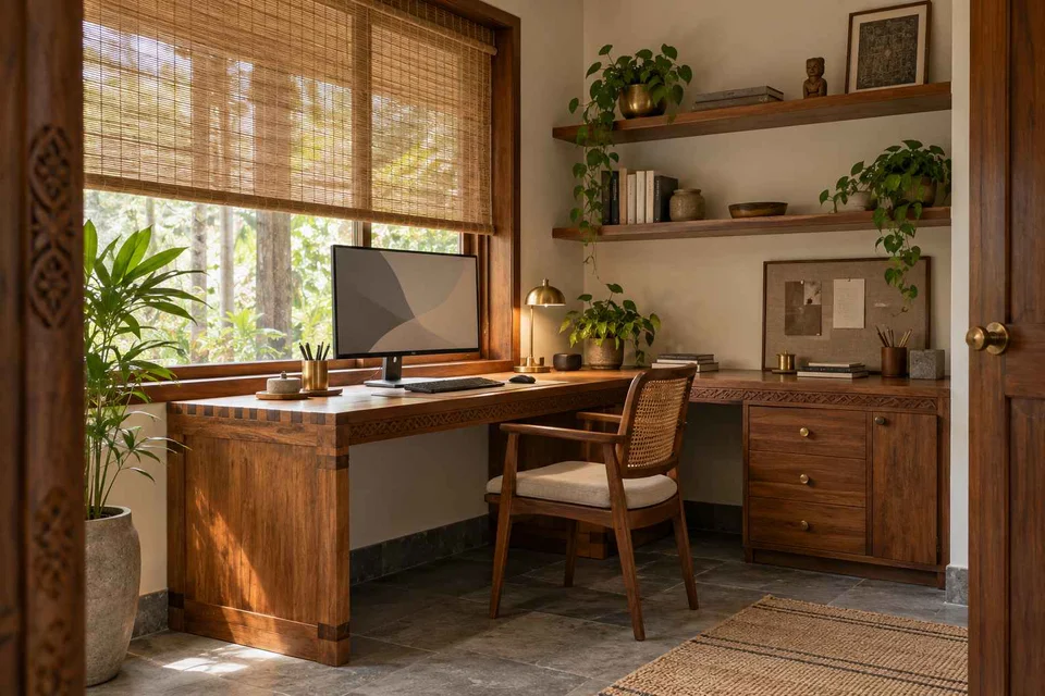AI-generated home office concept: corner l workstation, teak craft direction