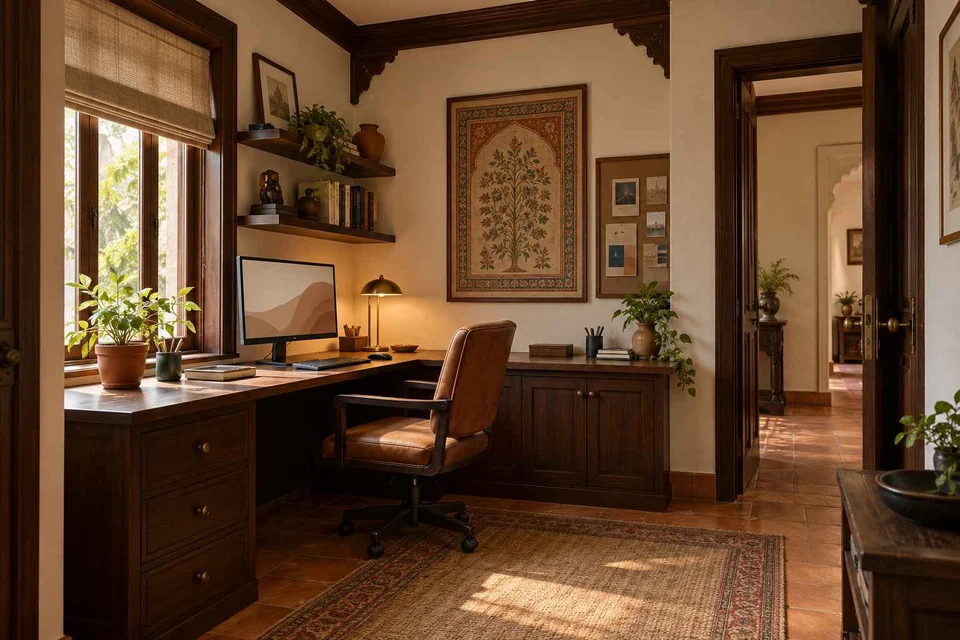 AI-generated home office concept: corner l workstation, terracotta heritage direction