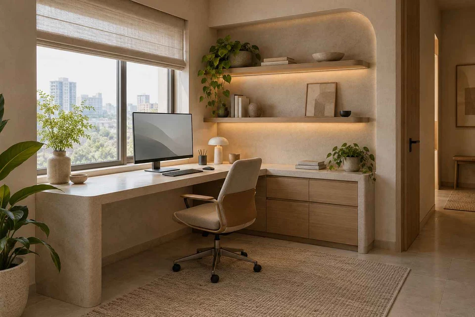 AI-generated home office concept: corner l workstation, textured mineral direction