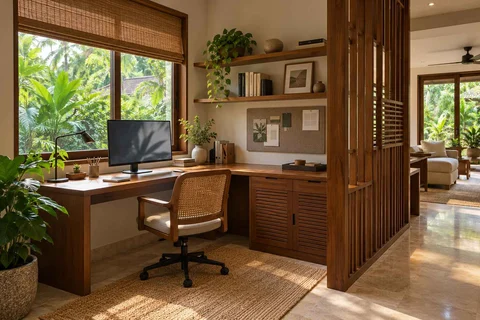 AI-generated home office concept: corner l workstation, tropical slatted direction