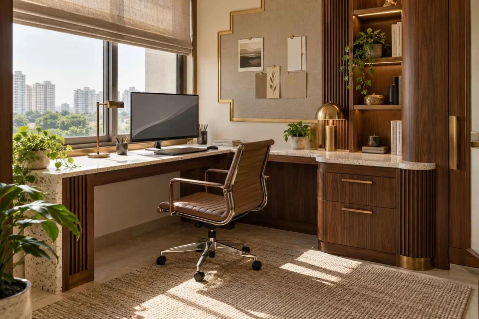 AI-generated home office concept: corner l workstation, urban deco direction