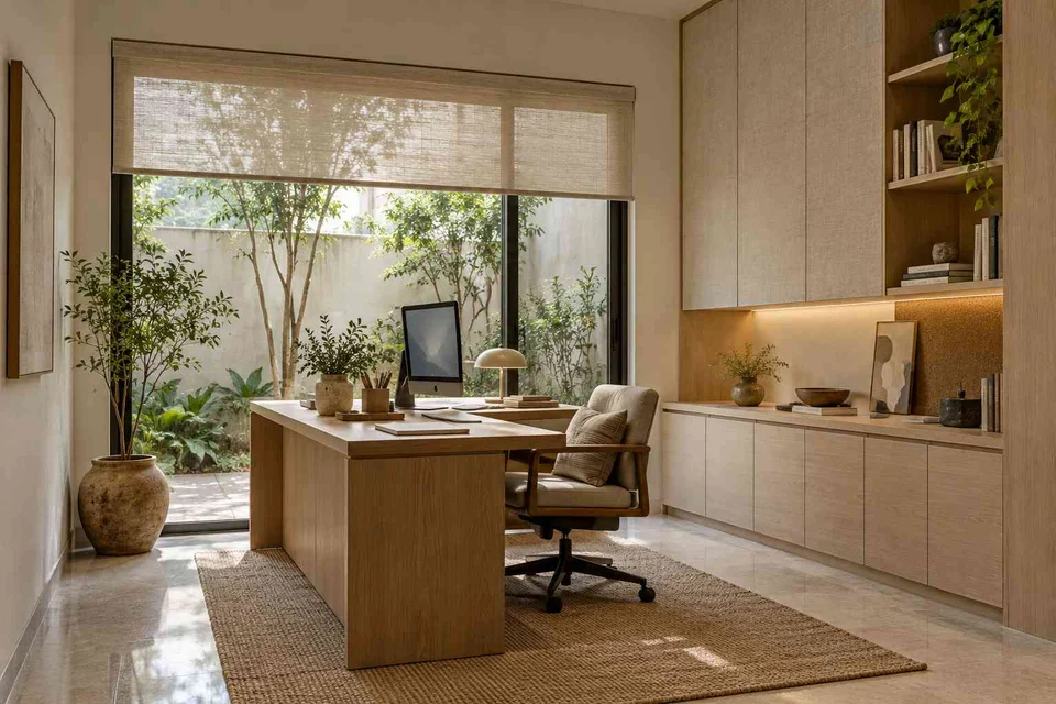 AI-generated home office concept: courtyard home office, ash and linen direction