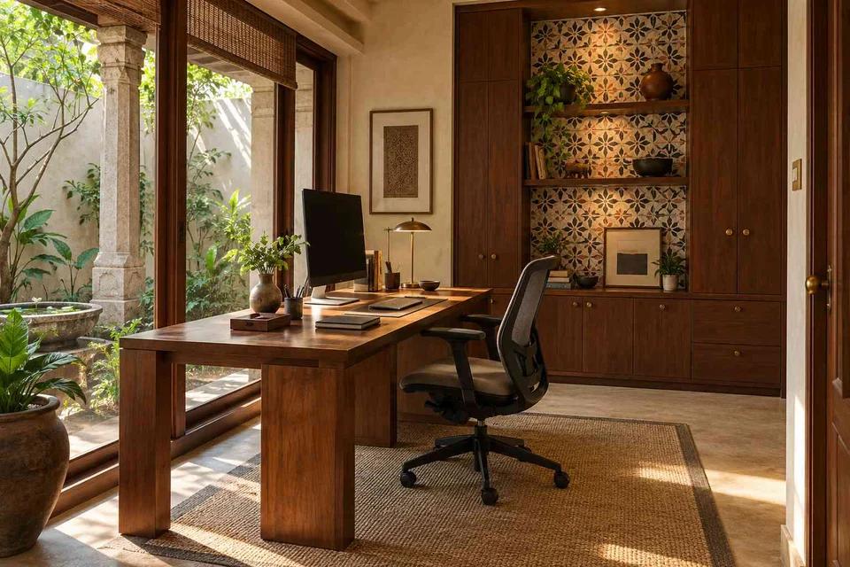 AI-generated home office concept: courtyard home office, chettinad tile direction