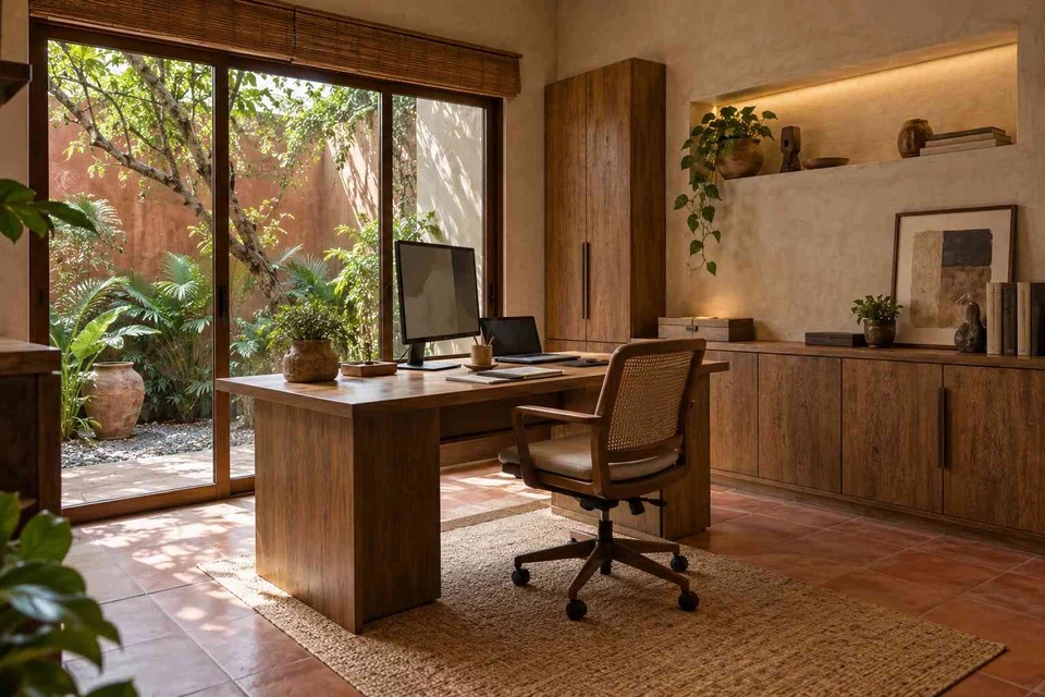 AI-generated home office concept: courtyard home office, clay artisan direction