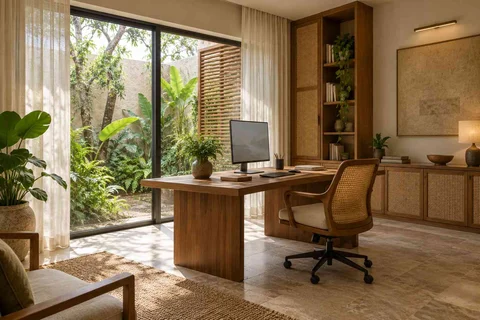 AI-generated home office concept: courtyard home office, coastal woven direction