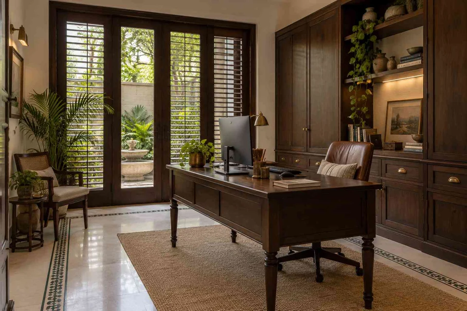 AI-generated home office concept: courtyard home office, colonial quiet direction