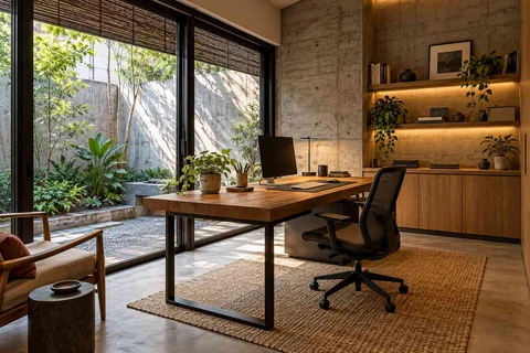 AI-generated home office concept: courtyard home office, concrete and oak direction